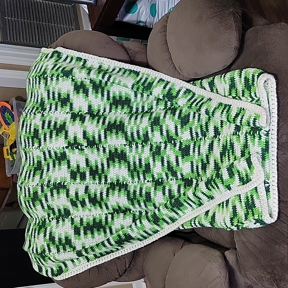 Handmade Crochet blanket, green/white in color, very nice condition